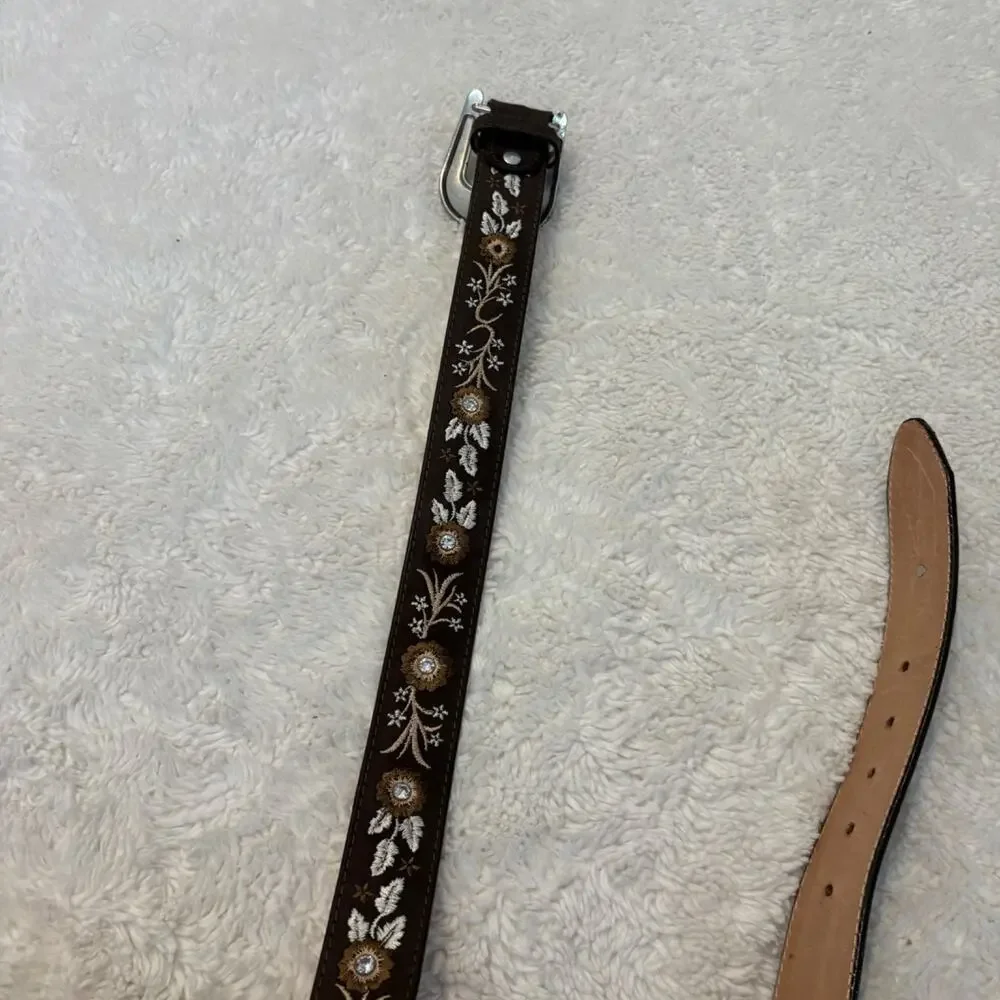 Womens Brown Leather Western Belt L/XL Rhinestone Studded Floral Buckle Cowgirl